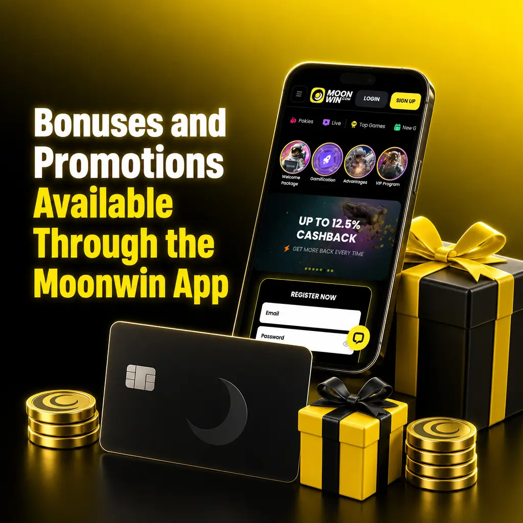 Moonwin app promotions tab showing welcome bonus, reload bonus, free spins drops, and cashback offers for players.