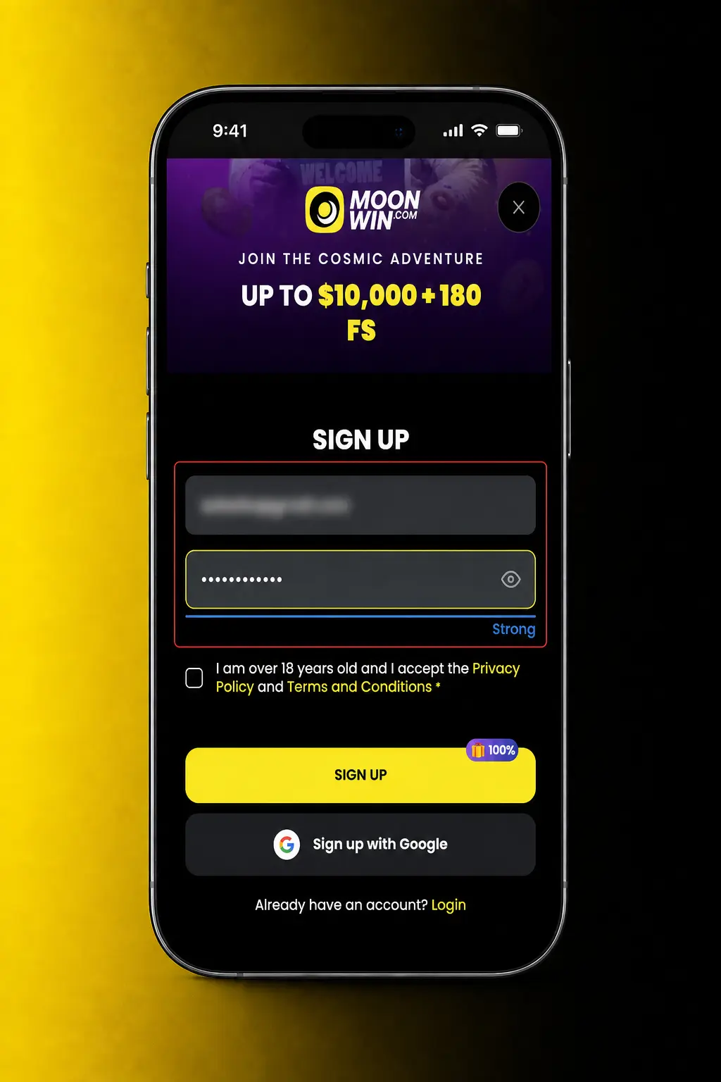 Step-by-step guide showing how to register a new player account on Moonwin Australia via email, mobile, or Google sign-up.