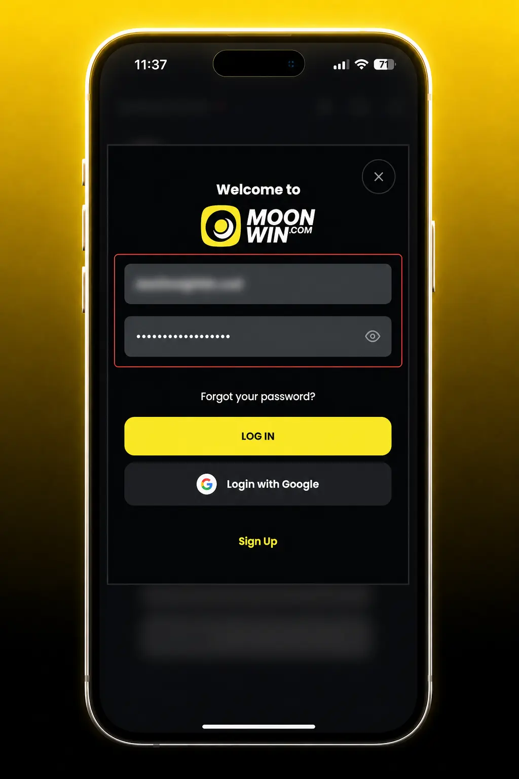 Moonwin login screen showing email/password fields and two-factor sign-in code entry for account access