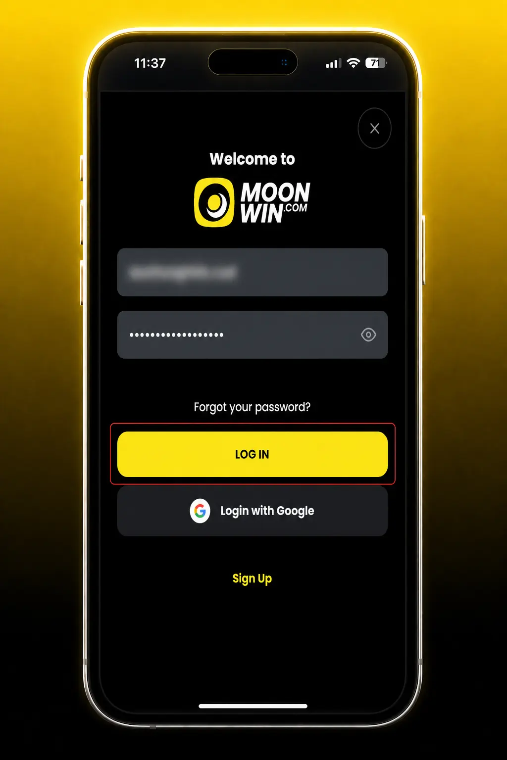 Moonwin login screen showing email/password fields and two-factor authentication code entry for account access.