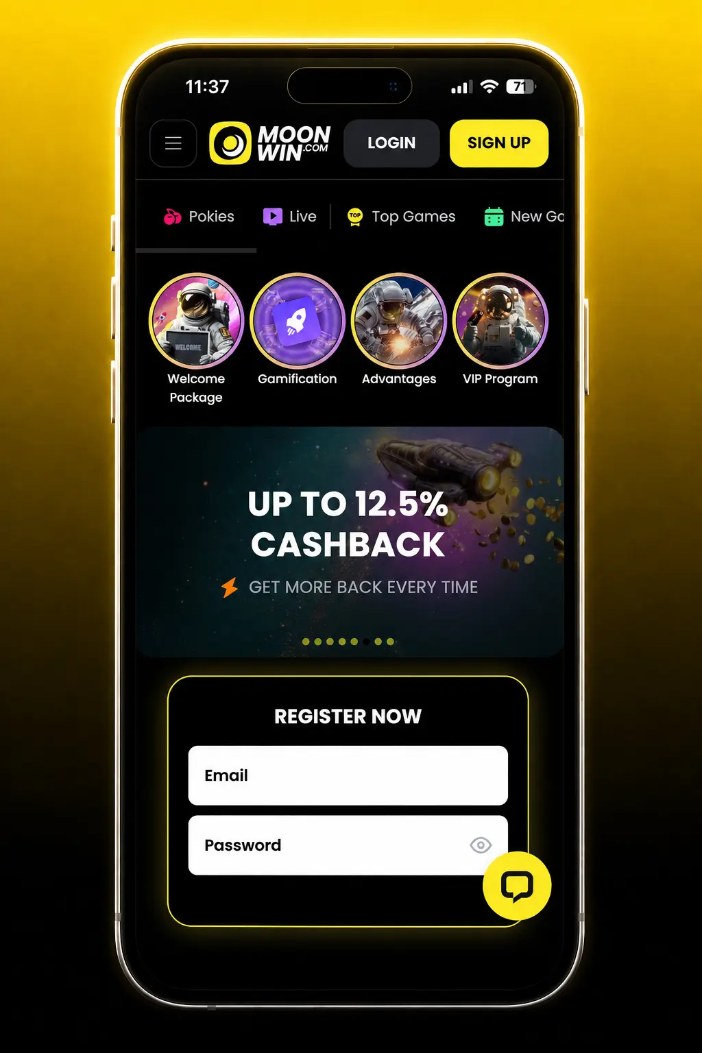 Moonwin login screen showing sign in form with email or mobile number and password fields for account access
