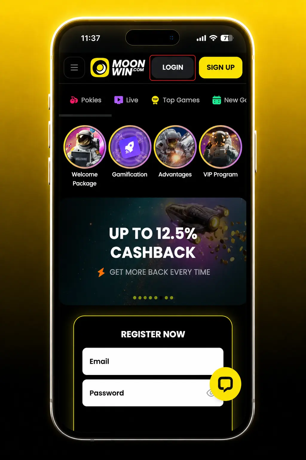 Moonwin login screen showing email/password fields and two-factor code entry on desktop, mobile, or app
